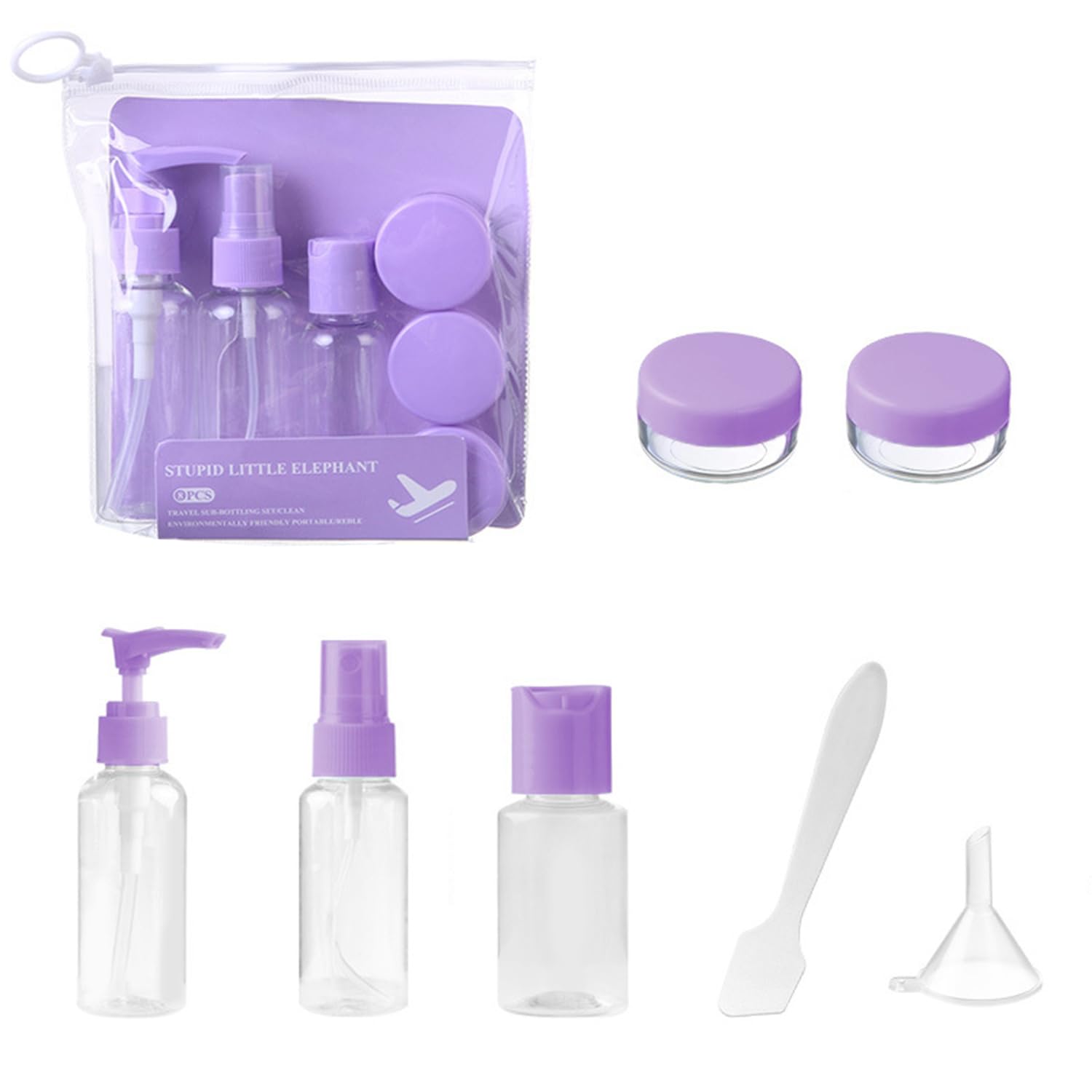 Plastic Stupid Little Elephant Travel Toiletry Bottles Set, 8 Pieces, Purple, Portable Sub-Bottling Kit with Pressing Bottle, Spray Bottle, Containers, Funnel, Digging Spoon-image-47