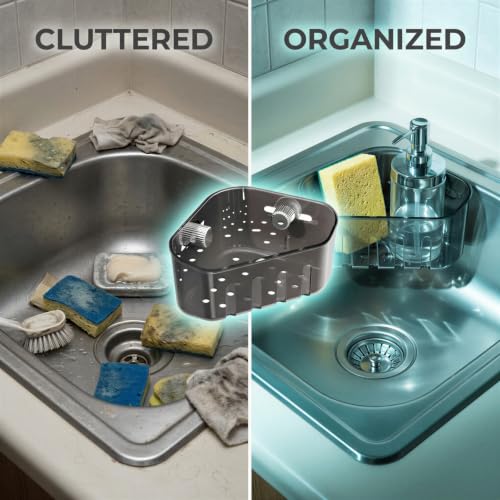 Sponge Holder Triangle Sink Caddy Organizer, Suction Cup Sponge Holder for Kitchen Sink and Bathroom, Tool Free Wall Mounted TPE Corner Storage Rack for Scrubber, Soap, Toiletry, Dark Grey - Image 6