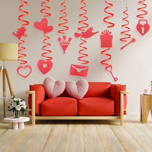 Image of Festiko Cardstock 11 Pcs Valentine's Day Hanging Swirl Decorations (Swirls 2), Red Hearts Swirls For Love Decoration