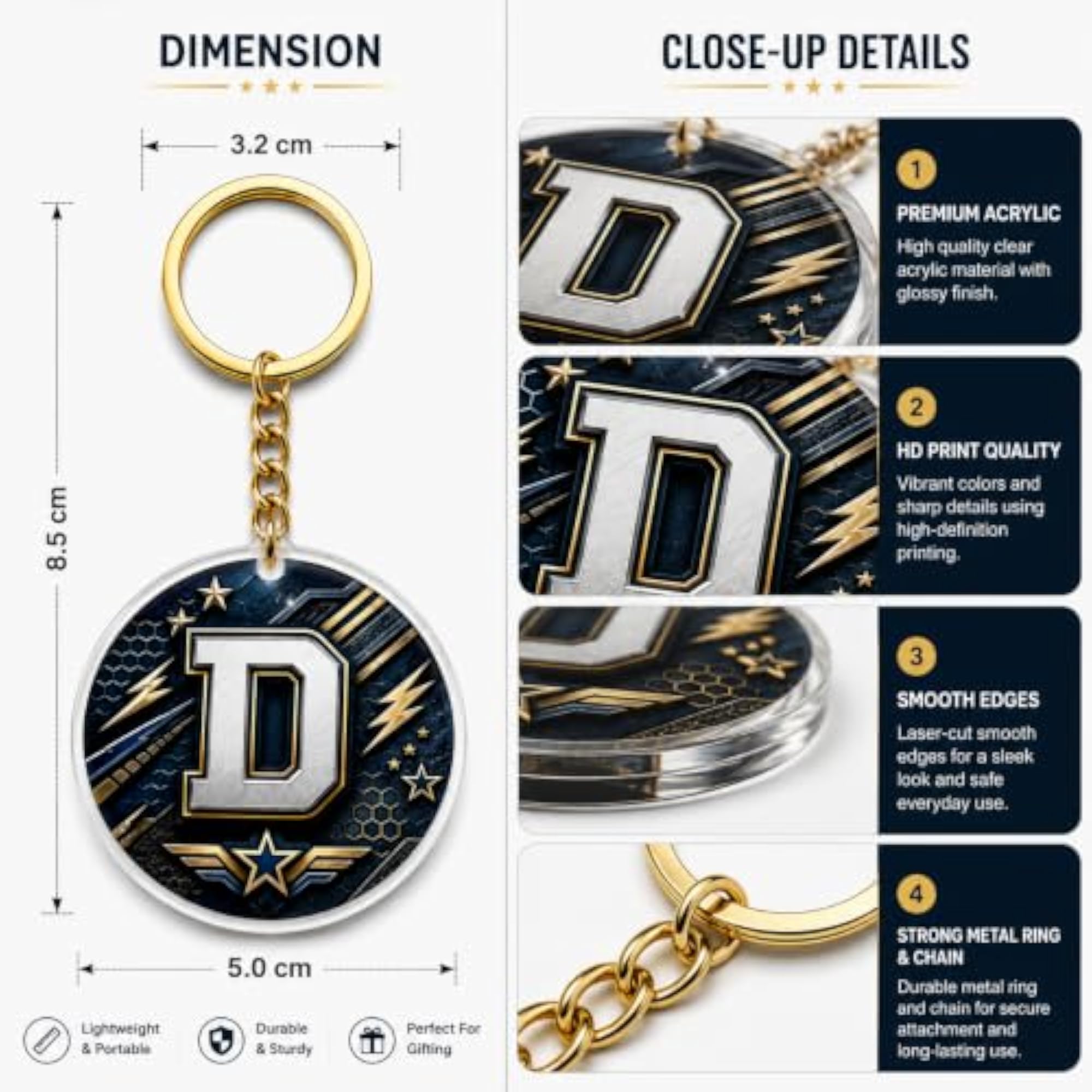 Acrylic D Letter Keychain with Metal Ring, Stylish Bag Charm
