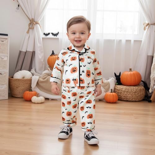 fyclemt Halloween Pajamas Baby Boy Girl Silk Pajamas Floral Pumpkin Ghost Long Sleeve Button Up Shirt Top Pants Pjs Sleepwear2