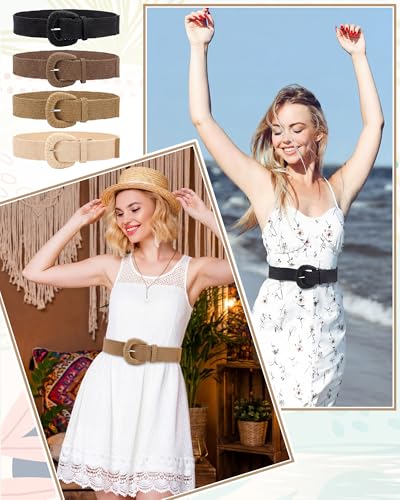 Image of WILLBOND 4 Pcs Women's Elastic Raffia Woven Belt, Boho Rattan Buckle Stretch Straw Wide Waist Belt for Dresses Jeans Pants