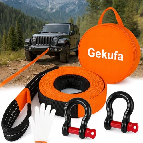 Gekufa Abschleppseil pkw 5M x 5cm, 10 Tonnen (22046 Lbs) Abschleppseil Auto Kit mit 2 Verstärkten Haken und Reflektierenden Streifen, Abschleppseile Für Off-Road Recovery (Orange)