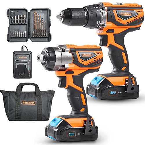 VonHaus MAX 20V Cordless Hammer Drill and Impact Driver Combo Kit with 2x Lithium-Ion 1.5Ah Batteries, Charger Kit and 21pc Accessories