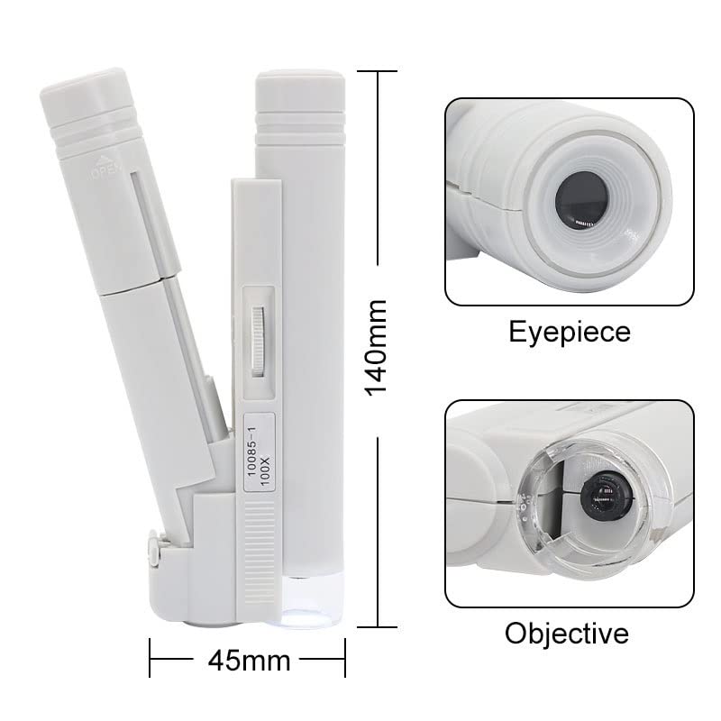 Microscope Foldable Magnifying Loupe 100X White Mini Magnifier with LED Illumination Portable Pocket Microscope(Without Scale)