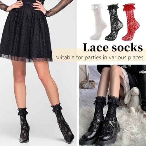Image of Women Lace Ruffle Socks White Black Frilly Lolita Crew Dress Socks | Womens Ankle Lacy Ruffled Socks Adult Cute Soft Cotton Thin Sexy Mesh Lace Trim 80s Casual Church Socks for Ladies Big Girls