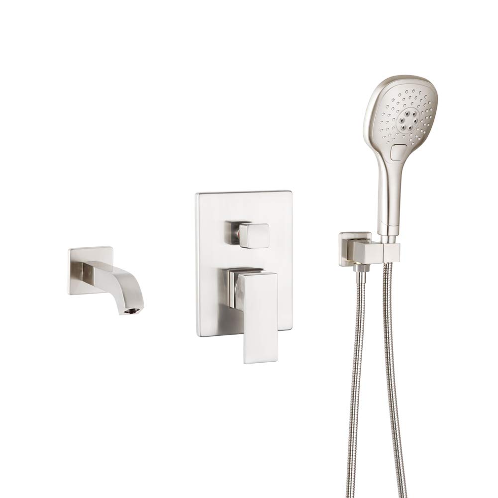 POP SANITARYWAREWall Mounted Tub Faucet with Handheld Shower Brushed Nickel Bathroom Wall Mount Tub Filler Spout Single Handle Bathtub Faucet with Valve and Trim Kit
