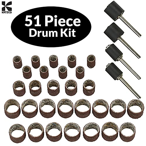 Katzco 51 Piece Drum Kit - 45 Sanding Bands, 6 Mandrills - Fits Any Drill - For Rotary Tools, Die Grinder, Power Drills, Carpenters, Woodworking, Paint, Sanding Surfaces And Finishing Jobs #TOP7