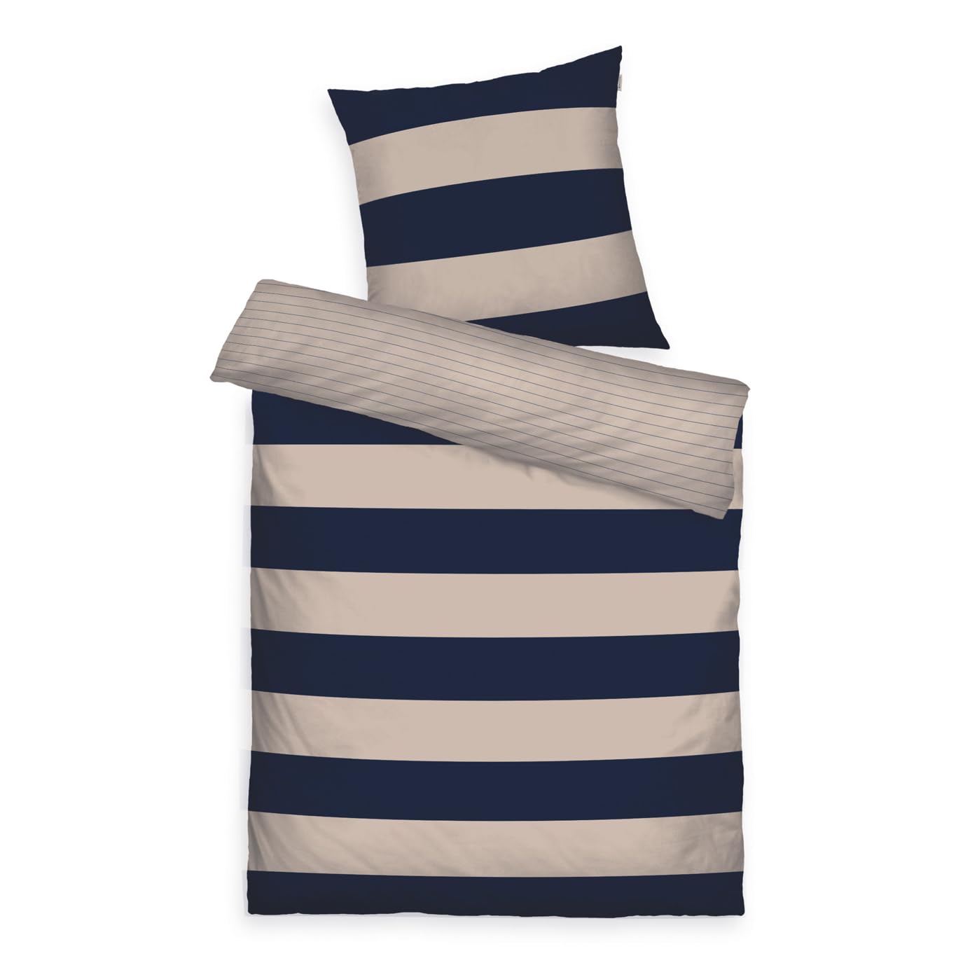 Klaus Herding GmbH TOM TAILOR Renforcé Bed Linen, 80 x 80 cm + 135 x 200 cm, 100% Cotton/Renforcé, with Reversible Motif and Coloured Branded Zip, Bold Stripes Blue, Beige (Dark Navy & Sunny Sand)