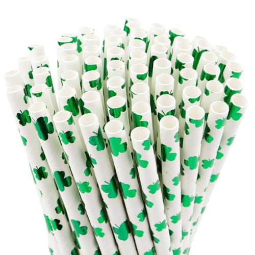 NIEITRK 100Pcs Four Leaf Clover Design Biodegradable Straws,Green Themed Tableware, Lucky Themed Paper Drinking Straws for St. Patrick's Day Events, Spring Festival Parties and Holiday Celebrations