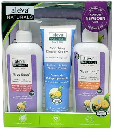 Aleva Naturals Newborn Comfort Care Kit includes: Bamboo Baby Wipes, Sleep Easy Hair & Body Wash, Calming Lotion, Soothing Diaper Cream – Natural, Plant-Based Formula, Hypoallergenic, 4 Piece Set