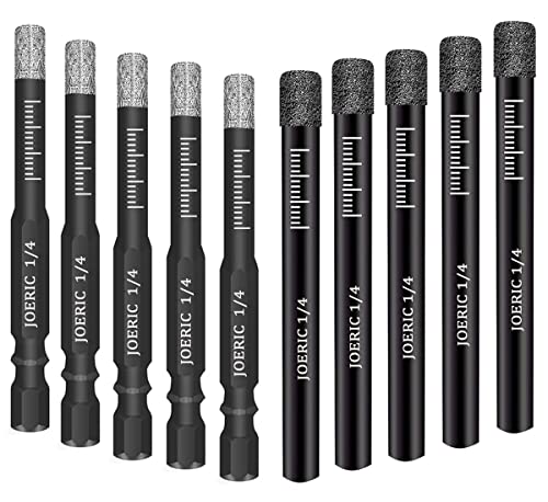 Joeric Black 1/4" Dry Diamond Drill Bits Set, 10 Pcs 6Mm Diamond Core Drill Bit With Storage Bottle For Granite Marble Tile Ceramic Stone Glass (Not For Wood), Including Hex Shank And Round Shank #TOP9