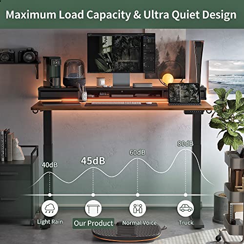 Fezibo 55 × 26 Inch Electric Standing Desk With Monitor Stand, Height Adjustable Table With Led Strips, Ergonomic Home Office Furniture With 2 Drawers Storage Gaming Workstation, Black Walnut Top #TOP6