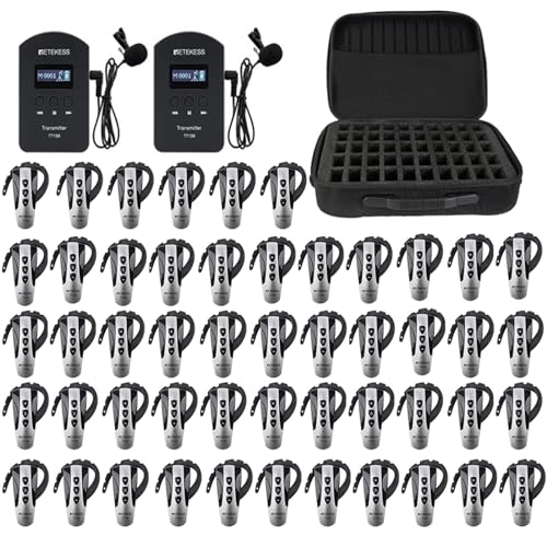 Retekess TT106 Tour Guide System, Walking Tour Headsets, Clear Sound Quality, Right Ear Hook Receiver, Support 2 Transmitter in One Group, Audio System for Factory Travel(2 Transmitters 50 Receivers)