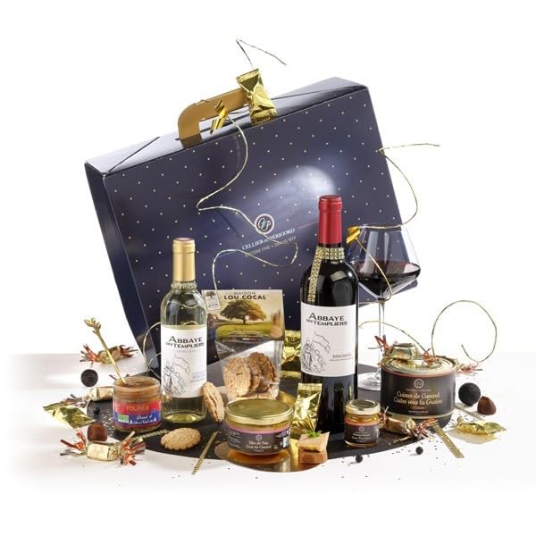 CELLIER DU PÉRIGORD - Colis de Noël - Panier Gourmand, Assortiment de Produits du Sud-Ouest - Menu Gastronomique Complet pour 2 Personnes, avec 2 Bouteilles de Vin