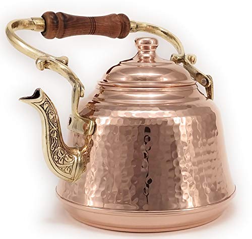 The Silk Road Trade - Ec Series - Heavy Gauge Thickness Handmade Hammered Large Copper Coffee/Tea Pot Kettle Stovetop With Ergonomic Wooden Handle (2.1 Quart / 2.0 Liter) (Hammered Copper) #TOP1