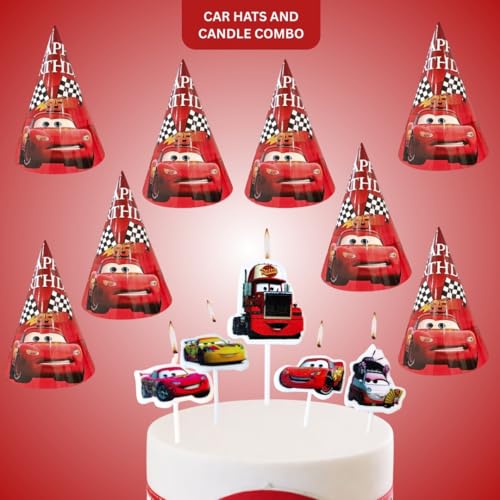 Image of Wanna Party Car Theme Birthday Decoration Combo Kit for Boys - Car Birthday Hats Pack of 8 & Car Theme Candles Pack of 5 | Racing Party Supplies Set for Kids Birthday