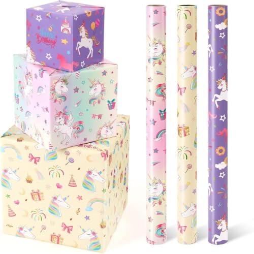 WERNNSAI Einhorn Geschenkpapier 3 Rollen Geschenkpapier mit Einhornmotive Geburtstagsdeko Mädchen und Kinder Lila Regenbogen Geschenkverpackung Einhorn Deko 43cm x 3m