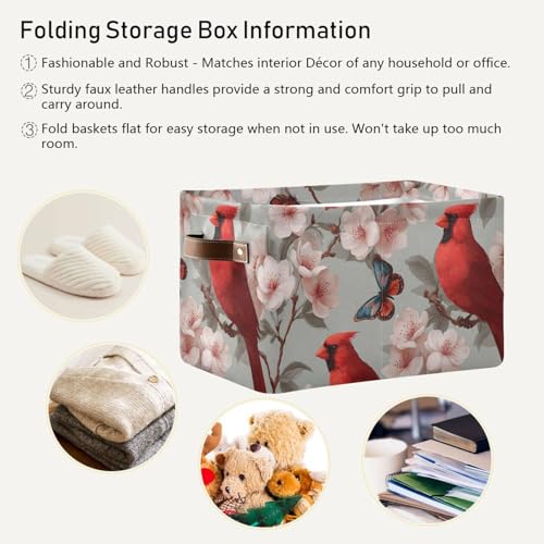 Image of Aslsiy Storage Basket Cardinal Blooming Cherry Nursery Bins Butterfly Baby Box Canvas Clothes Shelf Basket Laundry Hamper Gift Basket for Home Closet 1 Pcs