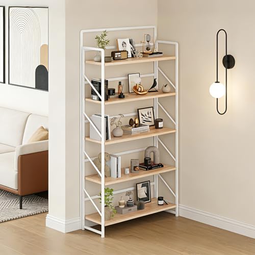 Image of JSB Folding Bookshelf,Industrial Storage Shelves, No Assembly Vintage Wood Look Bookshelf with Storage Shelves for Living Room, Bedroom, Office (White, Wide 5-Tier)