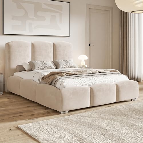 MOTIVENA Hilton Bubble Bett 180x200 Beige Samt, mit Stauraum, mit Kopfteil, mit Lattenrost, mit Füßen, ohne Matratze, Bubble Polsterbett 180x200 mit Bettkasten Beige (Creme)