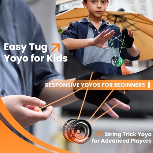 Image of MAGICYOYO K2 Responsive Yoyo for Kids Beginners Yo-Yo with 2 Yo yo Gloves, 1 Blue Sack, 1 Red Sack, 12 Yo-yo Strings (Crystal Black Orange + Black Green)