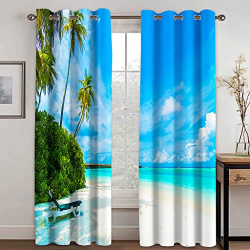 SHATOS Cortina Opaca Ventana Dormitorio Habitacion Termica Aislante 3D Paisaje De Cielo Azul Y Playa De Arena 140X245cm Cortinas Salon Modernas 2 Piezas Cortinas Opacas Termicas Aislantes Frio Y Calo