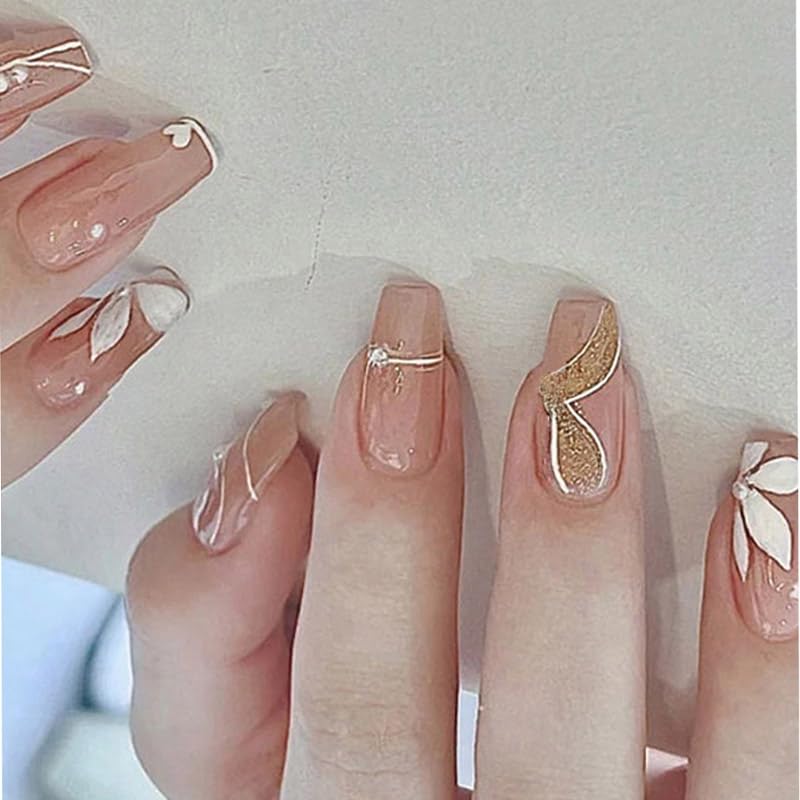 Secret Lives Glossy Reusable Artifical Fake False Press on Nails Nude Brown Color 3D Pearls & White Flower Design 24 Pieces Set with Kit-picture-4