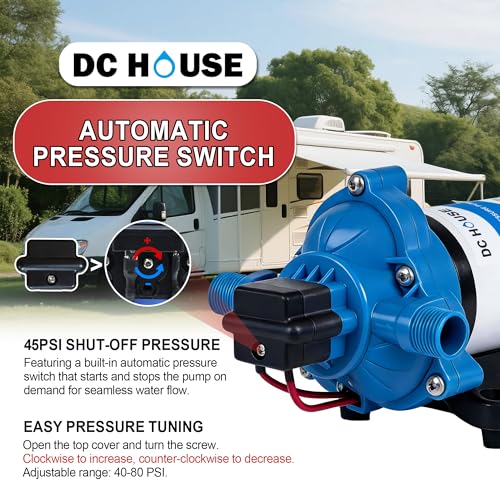 Image of DC HOUSE 33 Series 12V RV Water Pump 3.5GPM 45PSI, 3-Chamber Diaphragm Pump with Built-in Pressure Switch, Quiet Self-Priming Demand Pump for Camper, Boat, Cabin, Off-Grid System