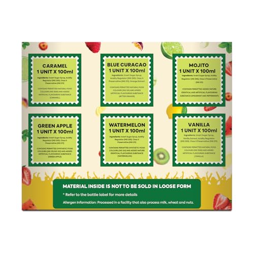 Image of Zone Assorted Syrup Combo Box | 6 Premium Flavoured Syrups (6 x 100ml) | Mocktail, Cocktail, Milkshake, Smoothie, Dessert & Fusion Recipe Mixers | Caramel, Blue Curacao, Mojito, Green Apple, Watermelon & Vanilla | Ideal for Cafes, Startups & Gifting