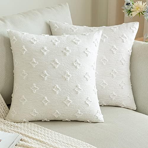 ANRODUO Pack of 2 Boho Decorative Throw Pillow Covers with Tufted Rhombic Jacquard for Room Decor Boho Pillow Covers Decorations 16x16 Cute and Soft Pillowcase for Couch Sofa Bed and Living Room White