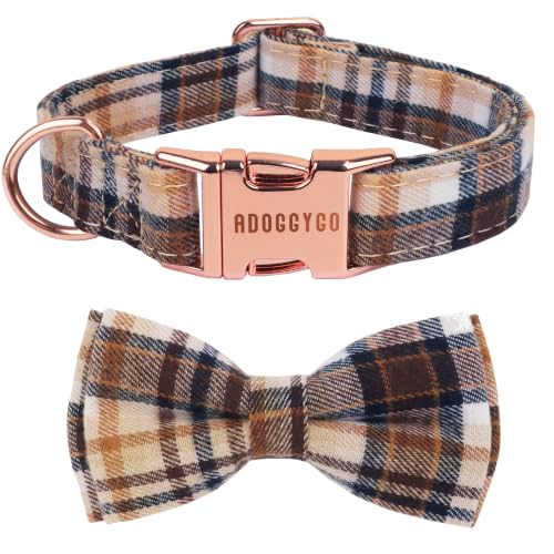 ADOGGYGO Fall Dog Collar with Bow, Detachable Brown Plaid Dog Bow Tie, S