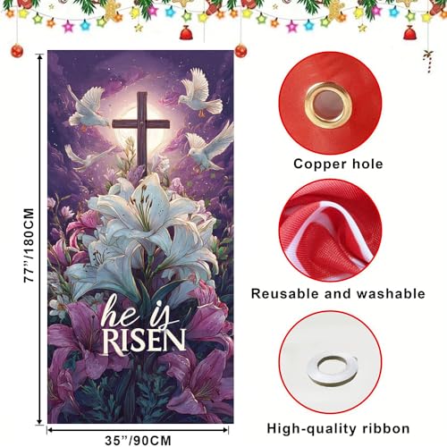 Image of Religious Easter Door Cover He is Risen Cross Door Banner Scripture Easter Door Covers for Front Door Christian Easter Decorations 35x71 Inch