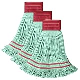 ONESIMUS 30 oz Pack of 3 Cleaning Heavy Duty Industrial Commercial Grade Looped-End Mop Head Replacement,6'' Headband Cotton String Wet Mop Head Refills,Machine Washable Green Mop