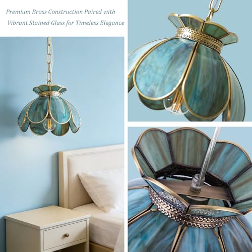 Image of Brass Glass Ceiling Pendant Light, Hanging Chain lamp, with Vintage Lotus Flower Blue Green Glass Shade for Kitchen Island Dining Room Bedroom Living Room-7.9 inch Shade