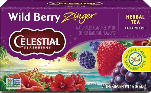 Celestial Seasonings Wild Berry Zinger Herbal Tea, Caffeine Free, 20 Tea Bags Box
