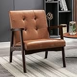 Bonzy Home Brown Mid Century Modern Accent Chair for Living Room, Upholstered Faux Leather Armchair Comfy Retro Bedroom Side Chair with Solid Wood Frame, Retro Brown