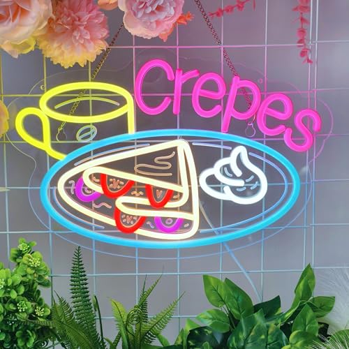 Image of Crepes Neon Sign, Neon Lights Hanging Wall Art Decoration for Business Restaurant Shop Store House Bar Cafe Party Home Decor, USB Powered Ultra Bright Dimmable,16.14x10.63inches