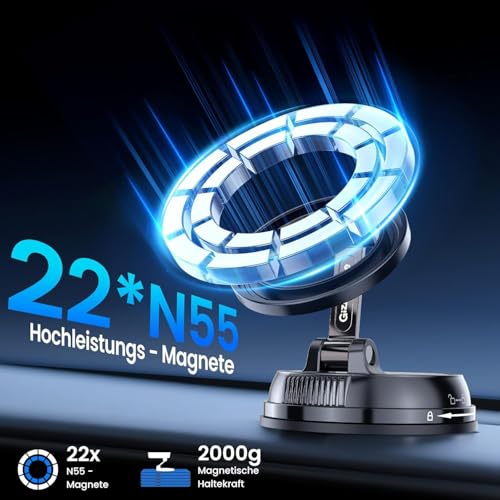 Handyhalterung Auto MagSafe,Vakuum Magnetischer Auto Für MagSafe Autohalterung, [22x N55 Magnet],[Mit 35KG Stärkste Saugkraft], 360° Drehbare Handy Halterung Für Alle Handys