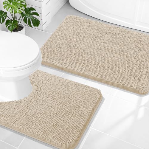 Image of OLANLY Bathroom Rugs Sets 2 Piece, Soft Absorbent Chenille Bath Mats and U-Shaped Contour Toilet Mat Area Rug Set, Machine Washable Bath Carpet, Home Decor Accessories(30 inchx20 inch+24 inchx20 inch, Sand)