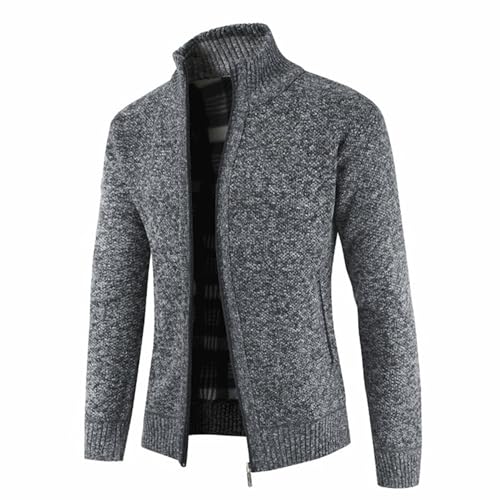 Men's Slim Fit Zipped Knitted Cardigan Classic Casual Long Sleeve Stand Collar Sweater Fleece Lined Warm Outwear (Grey1,Medium)2