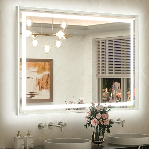 TETOTE 48 x 36 Bathroom LED Mirror Brushed Nickel Metal Frame Frontlit & Backlit Vanity Mirror Stepless Dimmable Anti-Fog 3 Colors White/Warm/Natural Light up Vanity Wall-Mounted