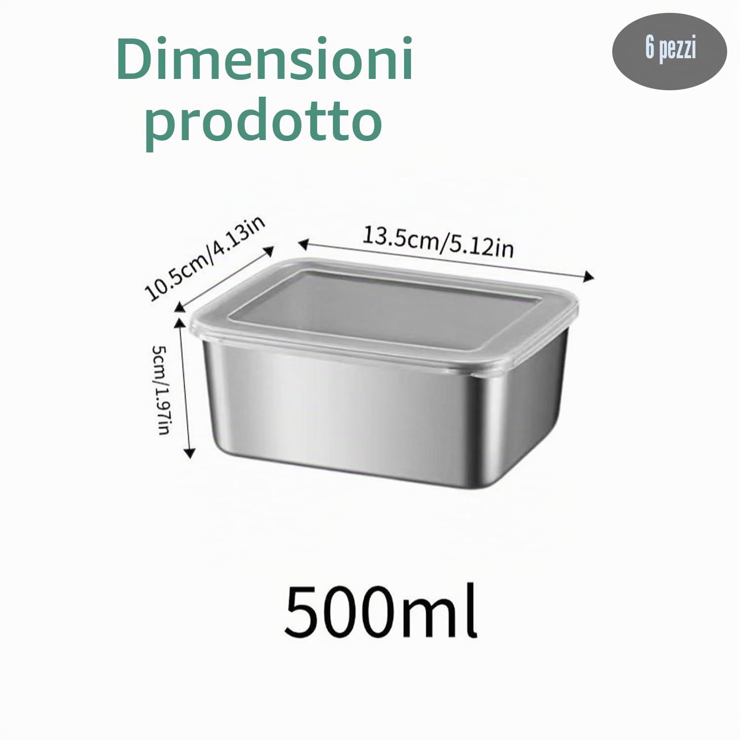 6 Contenitori Per Alimenti in Acciaio Inossidabile con Coperchio, Set Scatole Meal Prep Ermetiche e Impilabili, Ideali per Forno, Microonde e Congelatore, Conservazione Freschezza (13,5*10,5*5 cm)