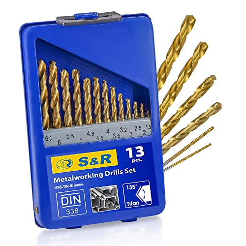 S&R zestaw wierteł do metalu 13 szt. 1,5-6,5 mm, jakość przemysłowa, wiertło ze stali HSS-G TITANIUM wg DIN 338, kąt wierzchołkowy 135°, szlifowane, powłoka z azotku tytanu, wiertło kręte TiN