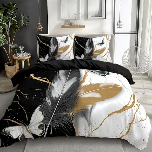 CozyRest Sets de Housse de Couettes Parure de lit Imprimé Plumes marbre esthétique Moderne Noir Motif, pour 2 Personnes, 240 x 260 cm Polycoton Housse de...