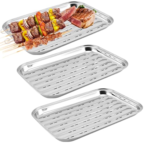 3 Stück BBQ Grillschalen Aus Edelstahl: 34,9 X 24,5 X 2,7cm Grillschale Wiederverwendbar, Wiederverwendbare Grillkorb Gemüsekorb, Grillzubehör für Gemüse, Fisch Oder Fleisch Grillpfanne