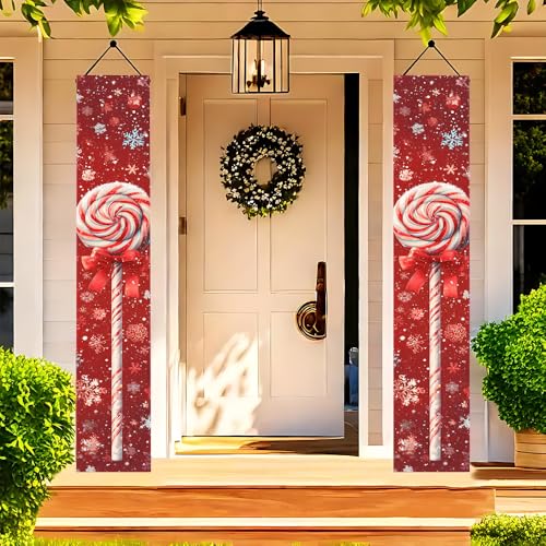 Image of Sweet Candy Cane Porch Banner 11.81x70.87 Inch, Red Snowflake Lollipop Door Sign for Mother's Day, Festive Birthday Party Welcome Flag, Weatherproof Fabric Hanging Decor