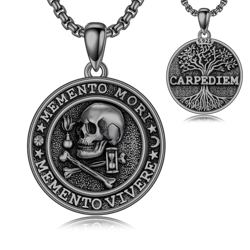 Memento Mori Necklace 925 Sterling Silver Skull Pendant Hourglass Tree of Life Memento Mori Jewelry Gifts for Men Women