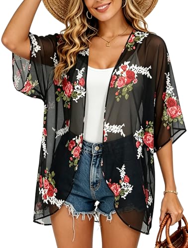 Image of FINOCEANS Womens Floral Chiffon Kimono Cardigans Loose Beach Cover Up Half Sleeve Tops