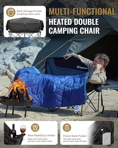 Image of KingCamp Heated Double Camping Chair, Oversized 880lbs Heavy Duty Loveseat for Adults Portable Folding XL 2 Person Couch Padded Comfortable with 3 Heat Levels for Outdoor Sports Lawn, Black /Grey